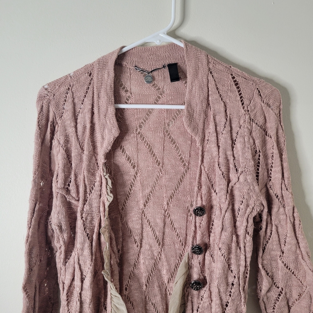 Bke Boutique Pink Ruffled Open Knit Cardigan - Picture 3 of 8